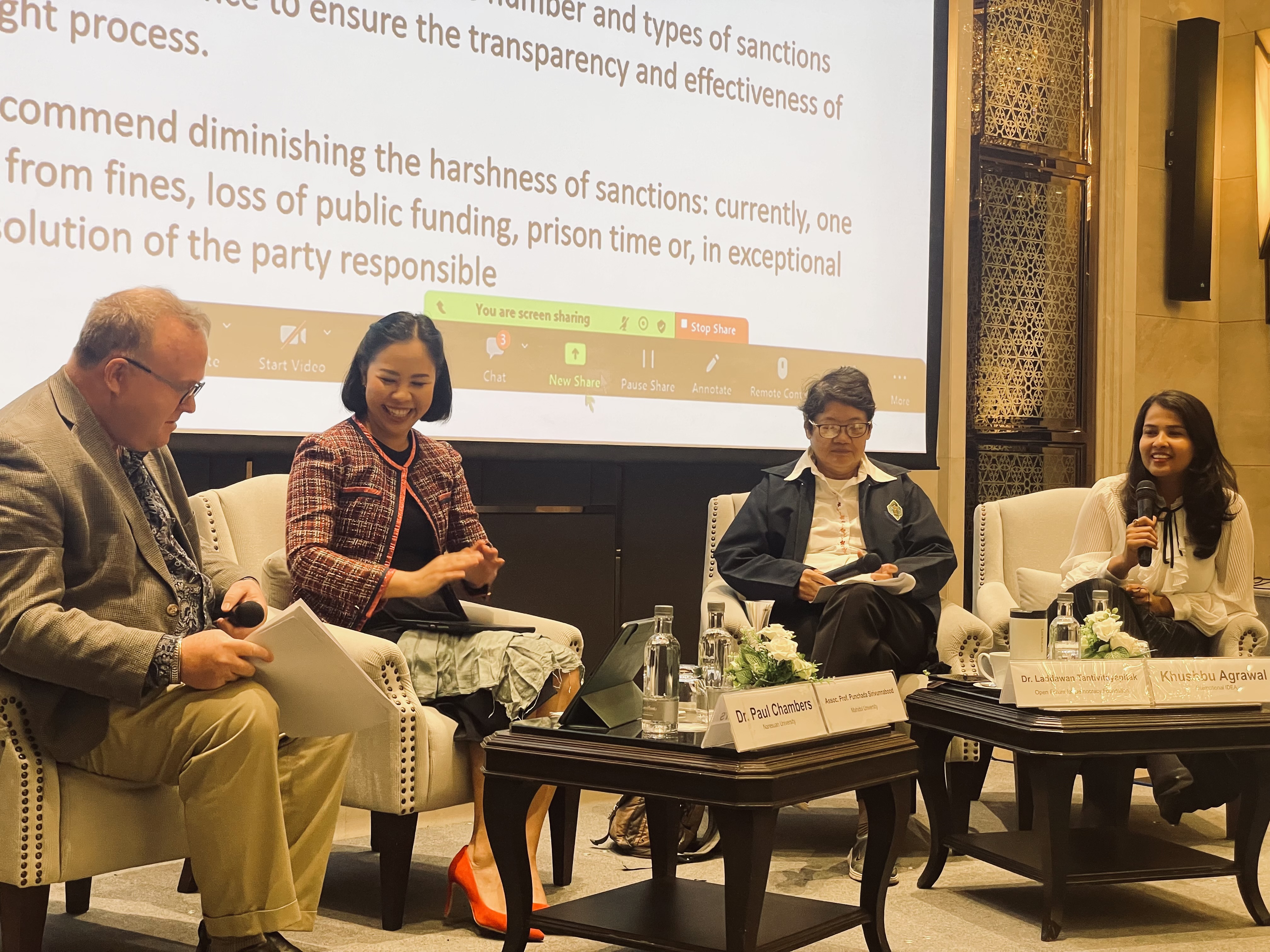 From left to right: Dr Paul Chambers, Naresuan University; Professor Punchada Sirivunnabood, lead national consultant; Dr Laddawan Tantivitayapitak, Open Forum for Democracy Foundation; and Khushbu Agrawal, International IDEA, discuss the findings from the Report Political Finance Assessment of Thailand at the Report’s launch event. Credit: International IDEA/ Leena Rikkilä Tamang
